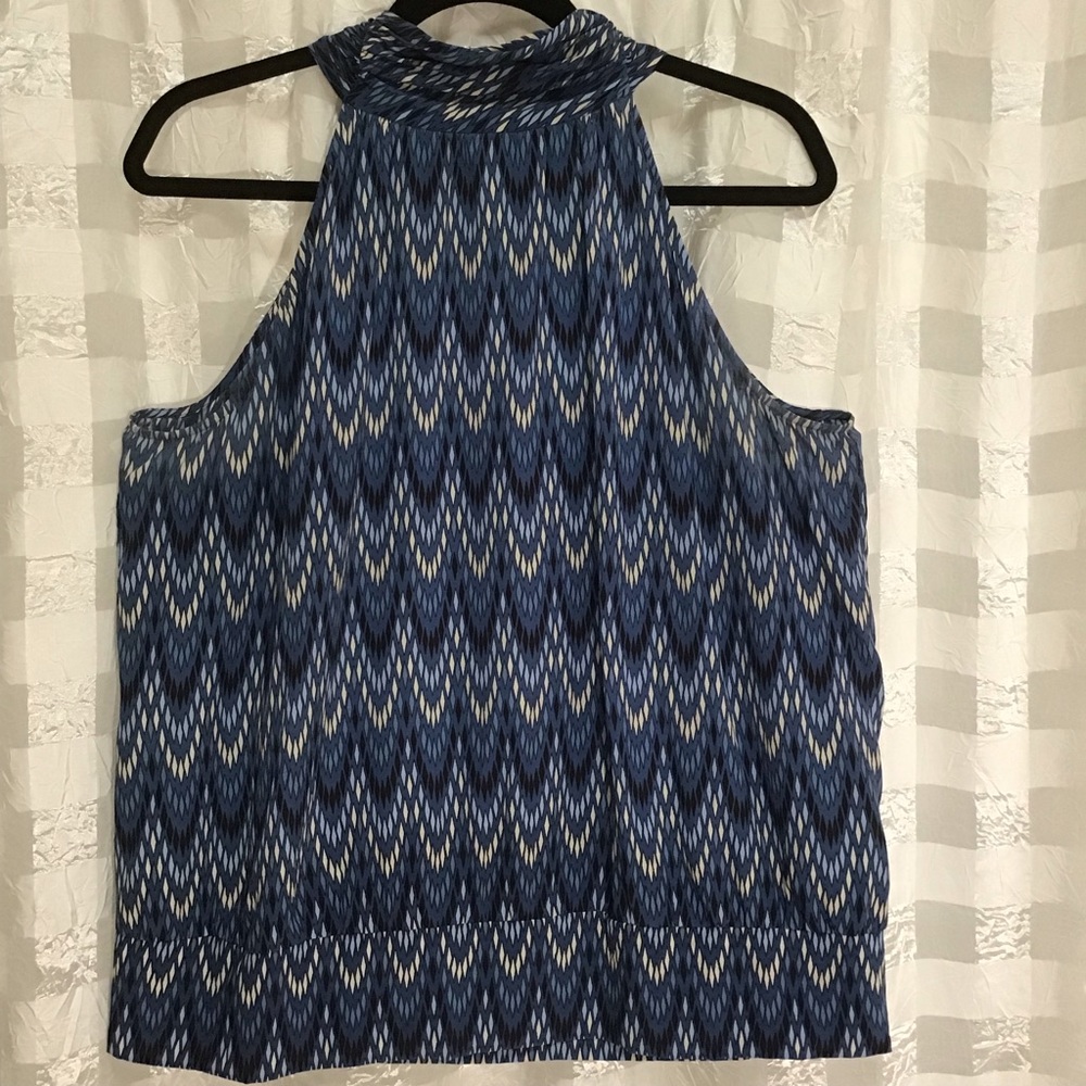 Ellavie Silk Blue Black Cream Geometric Halter Top with Back Neck Tie